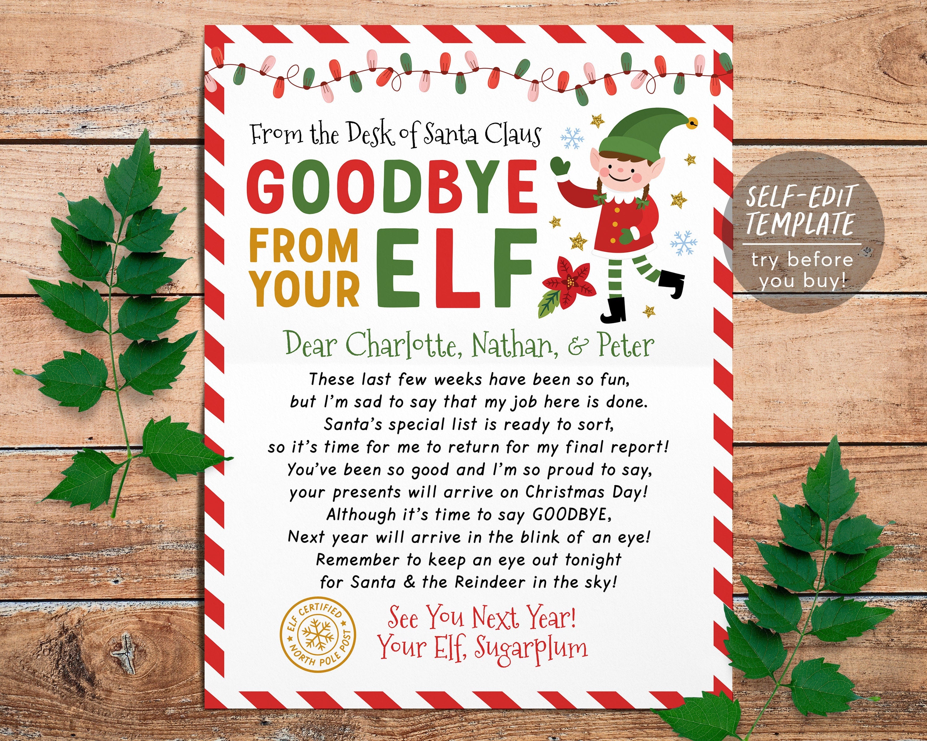 goodbye letter from elf editable template, end of christmas farewell note  from elf, christmas , choose your elf girl or boy