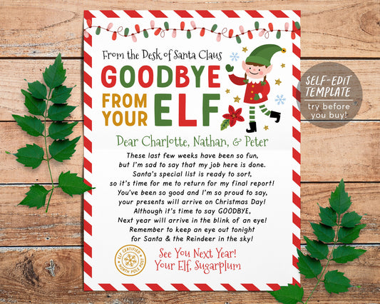 Goodbye Letter from Elf Editable Template, End of Christmas Farewell Note from Elf, Christmas , Choose Your Elf Girl or Boy