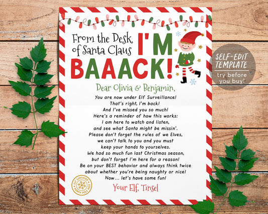 Hello Letter from Elf Editable Template, Christmas We're Back Elf Arrival Note, Elf Visiting Letter  Welcome