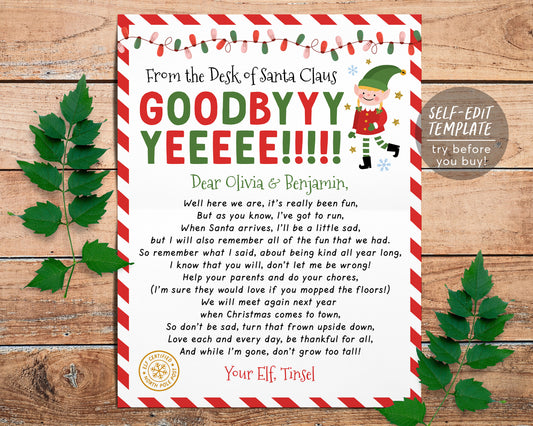 Goodbye Letter from Elf Editable Template, End of Christmas Farewell Note from Elf, Christmas , Choose Your Elf Girl or Boy