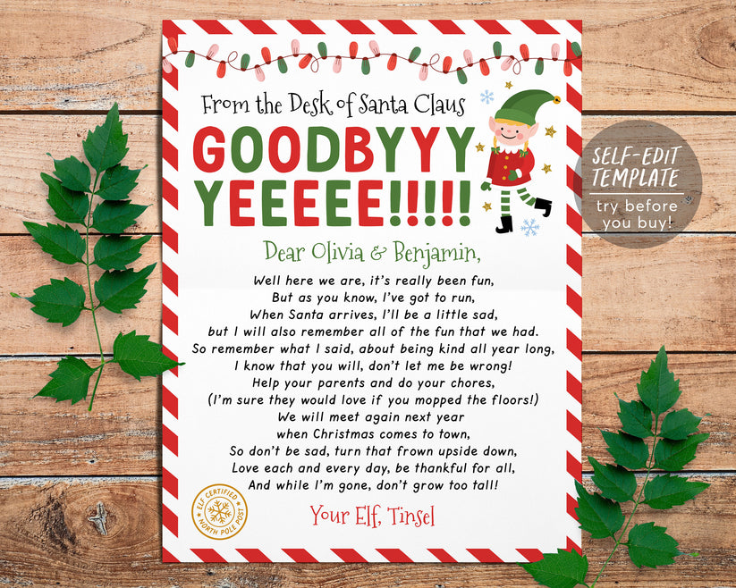 Goodbye Letter from Elf Editable Template, End of Christmas Farewell N ...