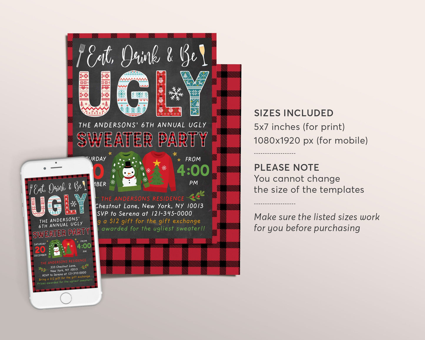 Eat Drink And Be Ugly Invitation Editable Template, Ugly Sweater Contest, Christmas Office Xmas Party Invite For Adults Holiday Party Bash
