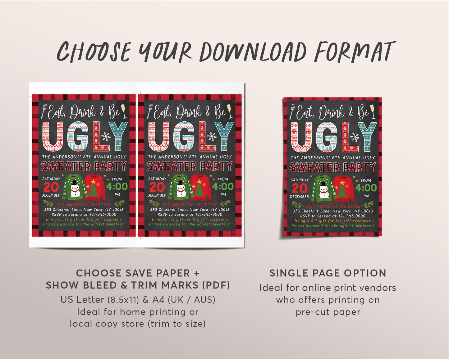 Eat Drink And Be Ugly Invitation Editable Template, Ugly Sweater Contest, Christmas Office Xmas Party Invite For Adults Holiday Party Bash