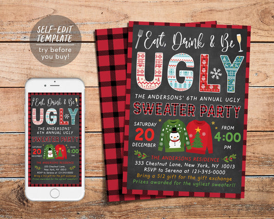 Eat Drink And Be Ugly Invitation Editable Template, Ugly Sweater Contest, Christmas Office Xmas Party Invite For Adults Holiday Party Bash