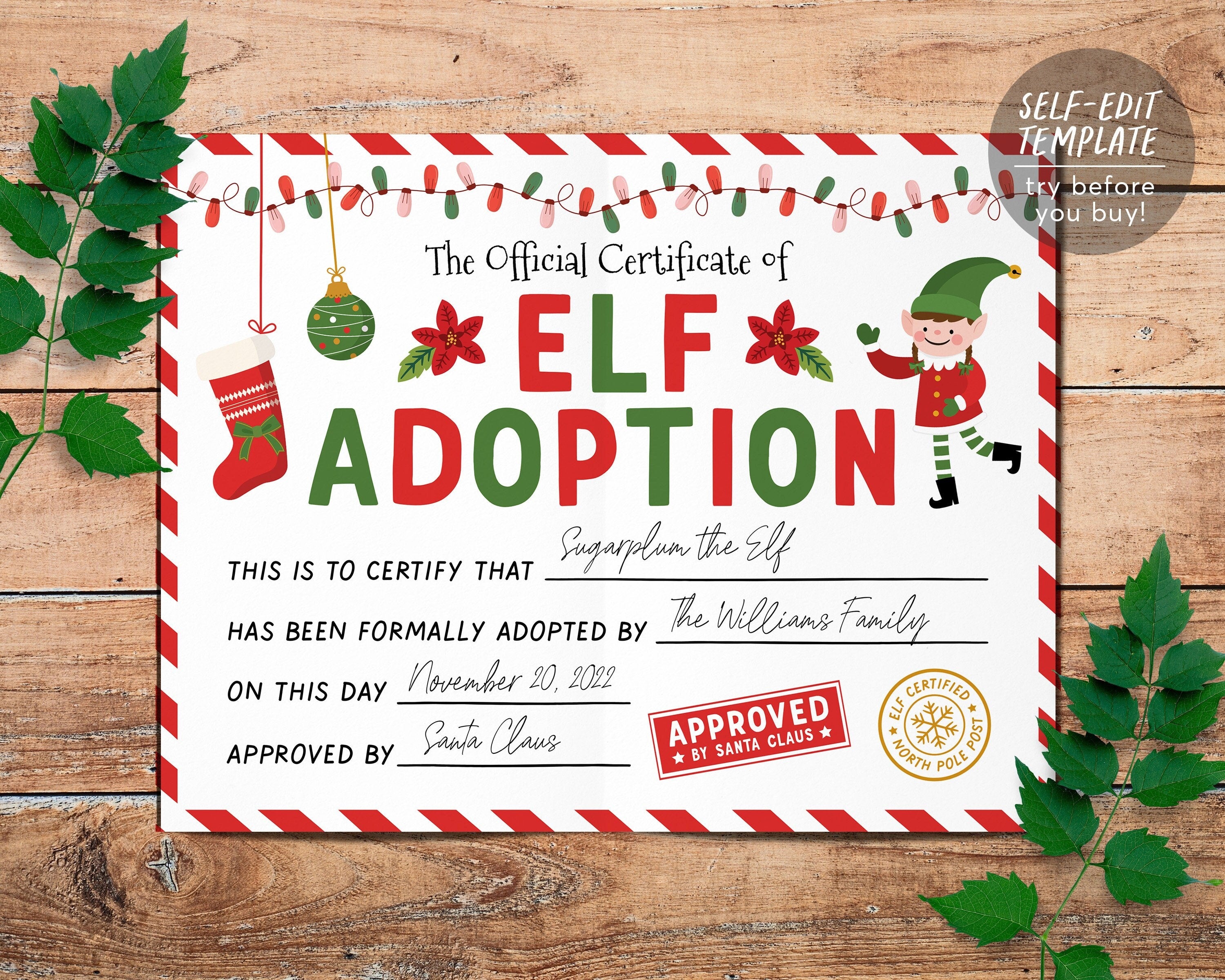 Elf Adoption Certificate Editable Template, Adopt Your Elf Elves Lette ...