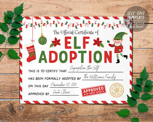 Elf Adoption Certificate Editable Template, Adopt Your Elf Elves Letter Printable, Elf Photo Prop Ideas, North Pole Official Santa Mail