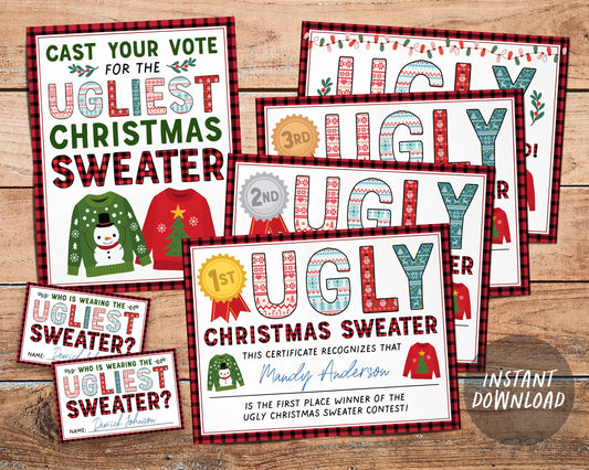 Christmas Ugly Sweater Party Decorations BUNDLE, Ugly Sweater Contest Certificate And Ballots Printables Package, Winner Prize Ribbons Decor