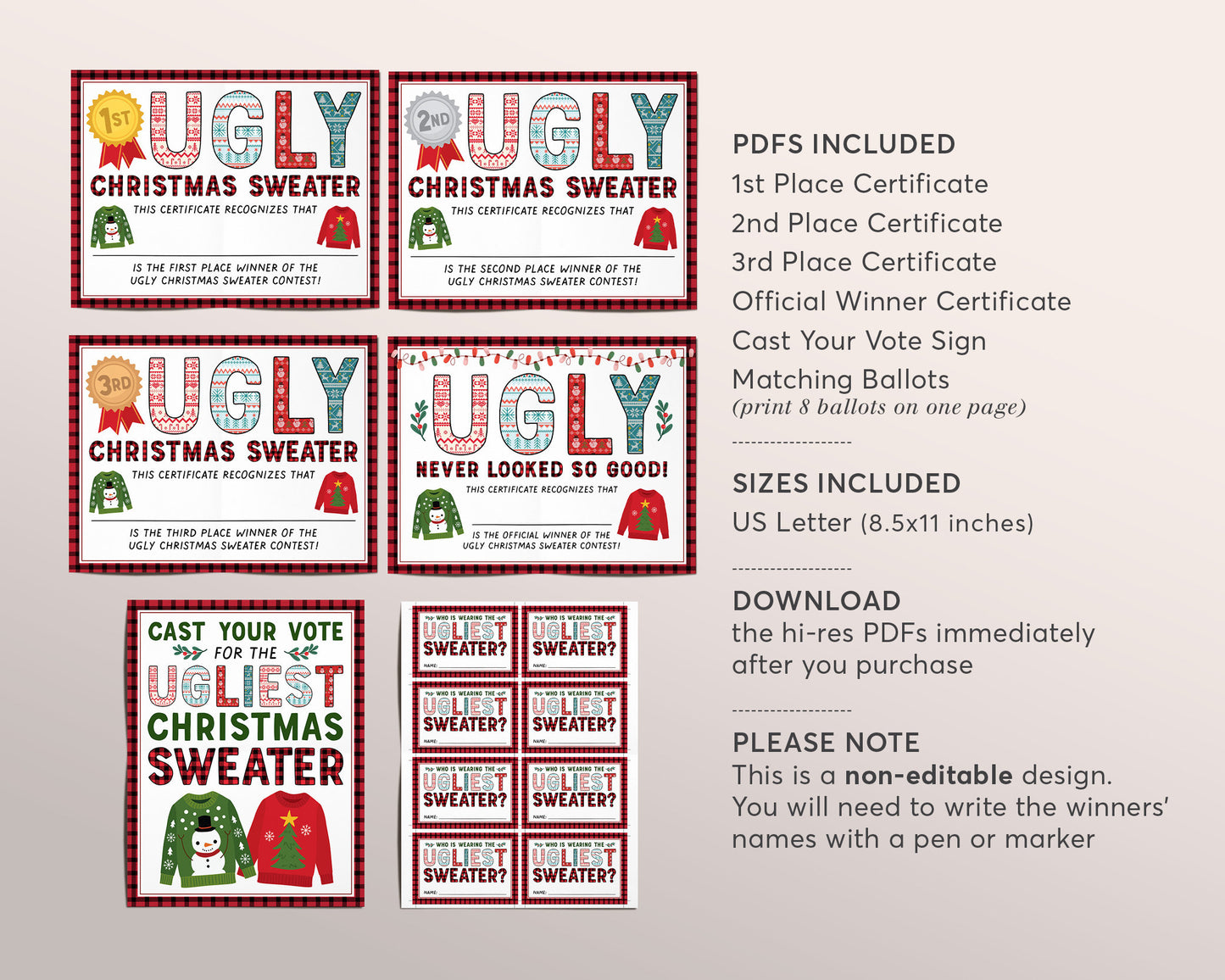 Christmas Ugly Sweater Party Decorations BUNDLE, Ugly Sweater Contest Certificate And Ballots Printables Package, Winner Prize Ribbons Decor