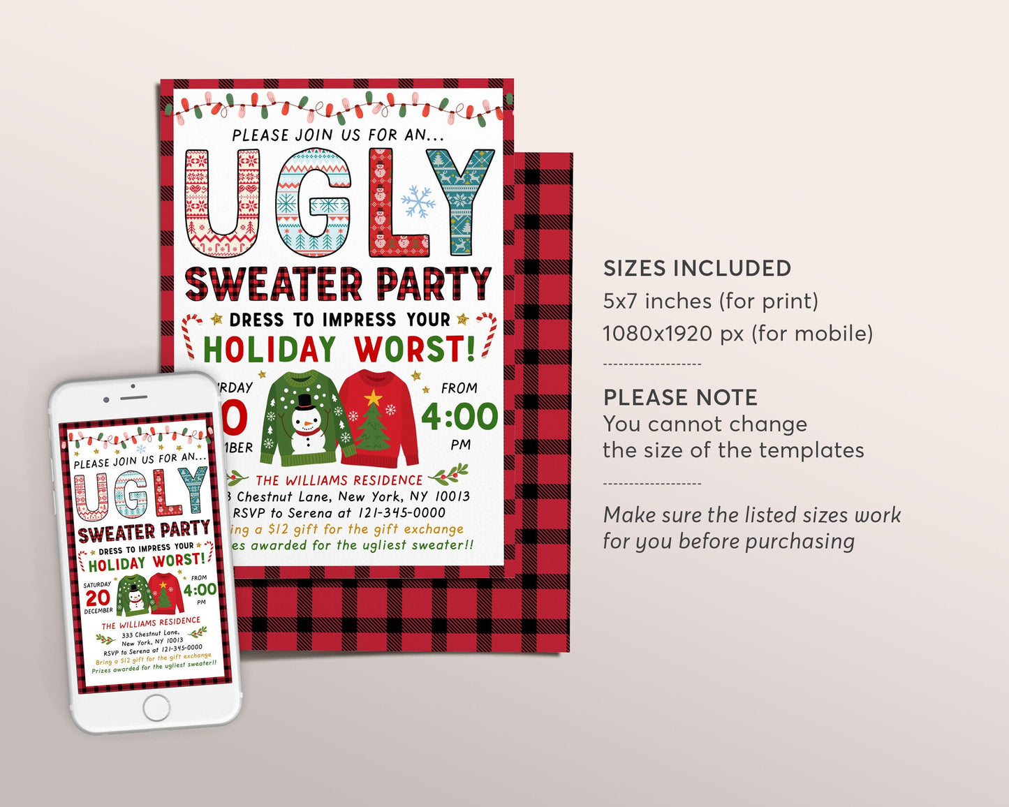 Ugly Christmas Sweater Party Invitation Editable Template, Holiday Office Party Contest Xmas Invite For Adults, Holiday Ugly Sweater