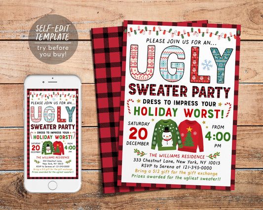 Ugly Christmas Sweater Party Invitation Editable Template, Holiday Office Party Contest Xmas Invite For Adults, Holiday Ugly Sweater