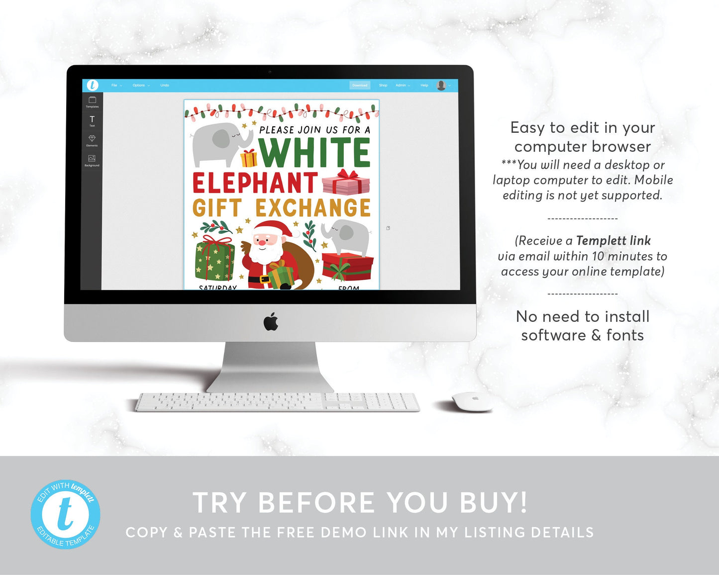 White Elephant Gift Exchange Invitation Editable Template, Christmas Xmas Holiday Gift Swap Invite, Company Party Evite Instant Download