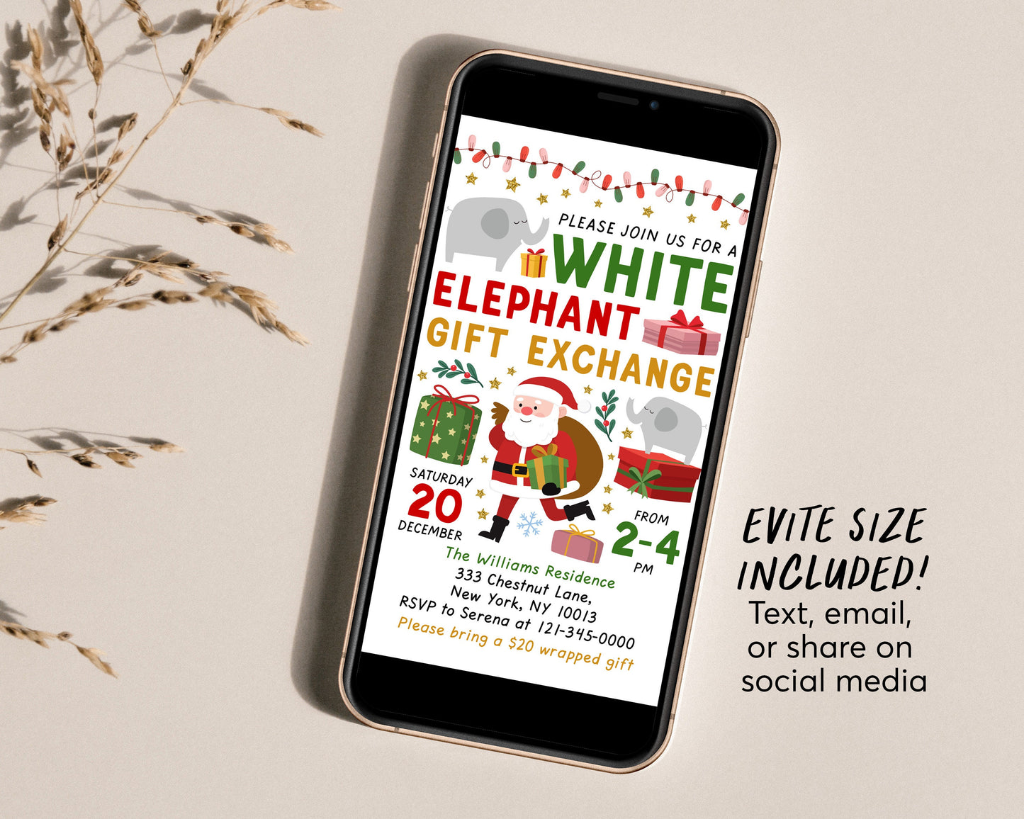 White Elephant Gift Exchange Invitation Editable Template, Christmas Xmas Holiday Gift Swap Invite, Company Party Evite Instant Download