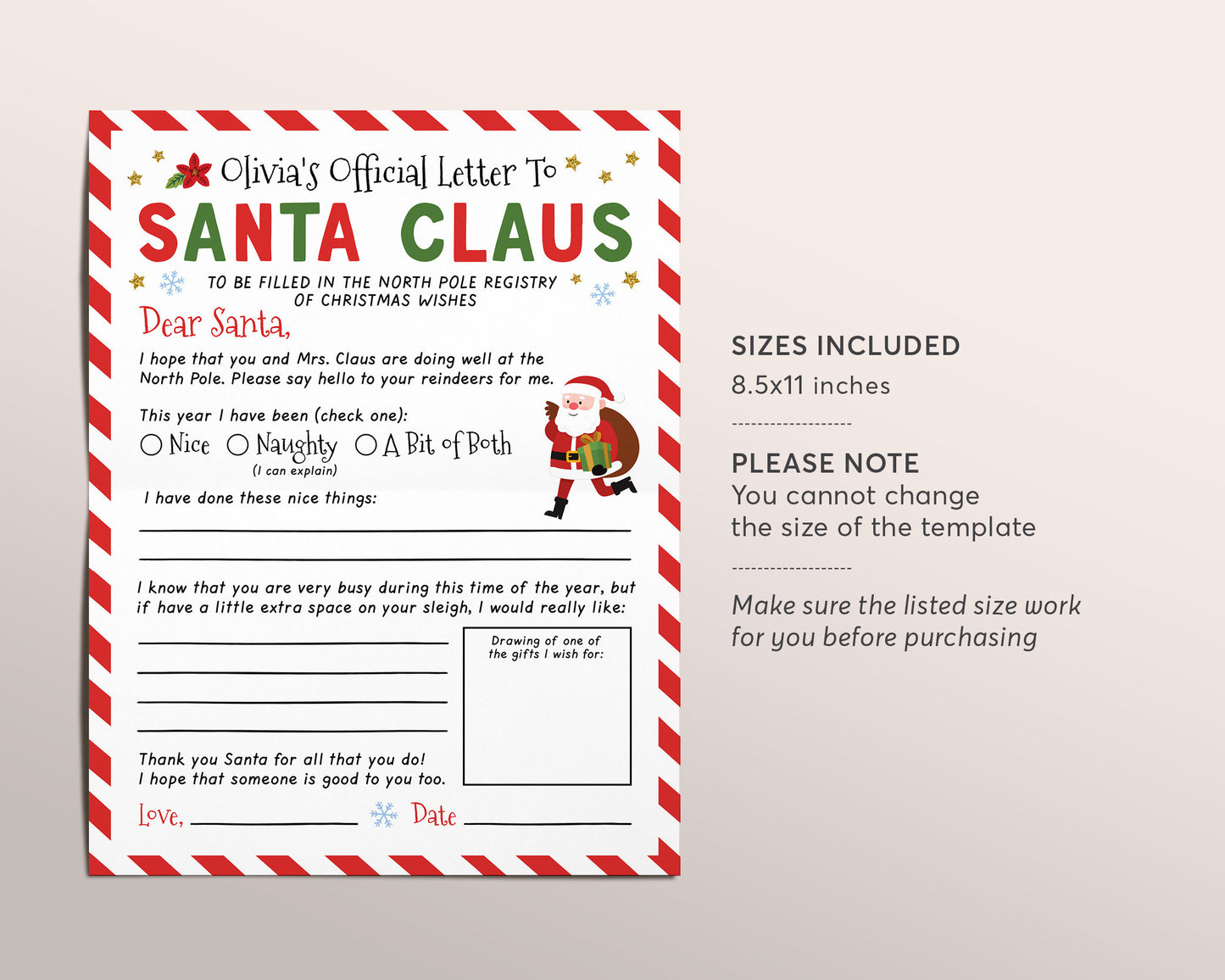 Letter to Santa Editable Template, Christmas Holidays Wish List for Kids, Personalized Dear Santa Letter, Christmas Traditions Activity Mail