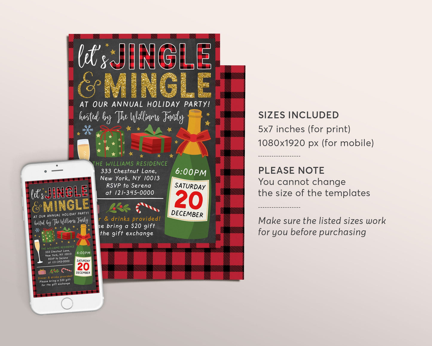 Jingle & Mingle Christmas Party Editable Template, Chalkboard Xmas Buffalo Plaid Holiday Party Invite, Flannel and Fizz Prosecco Champagne