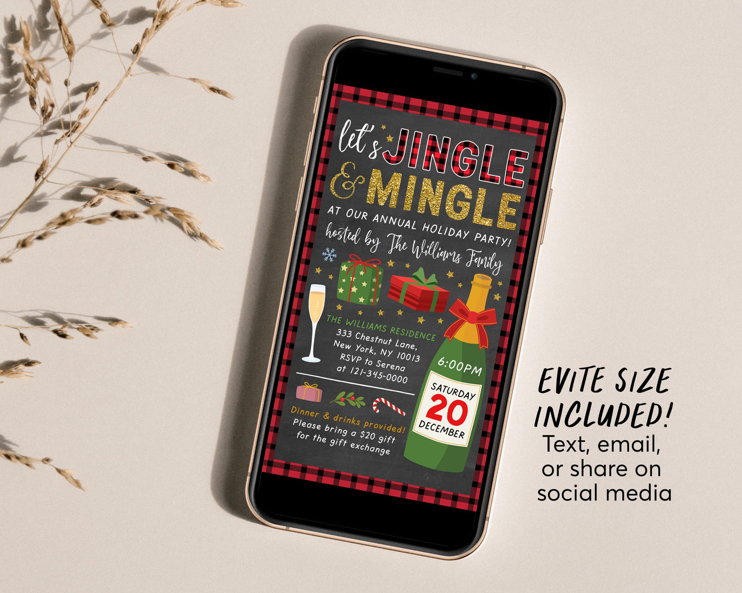 Jingle & Mingle Christmas Party Editable Template, Chalkboard Xmas Buffalo Plaid Holiday Party Invite, Flannel and Fizz Prosecco Champagne