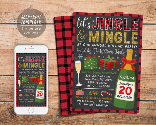 Jingle & Mingle Christmas Party Editable Template, Chalkboard Xmas Buffalo Plaid Holiday Party Invite, Flannel and Fizz Prosecco Champagne