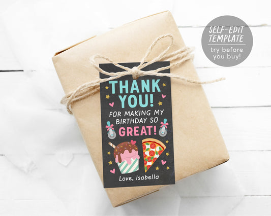 Editable Pizza and Ice Cream Thank You Tags Template, Favor Tag Chalkboard Kids Ice Cream Party Birthday, Girl Teen Tween Printable Decor