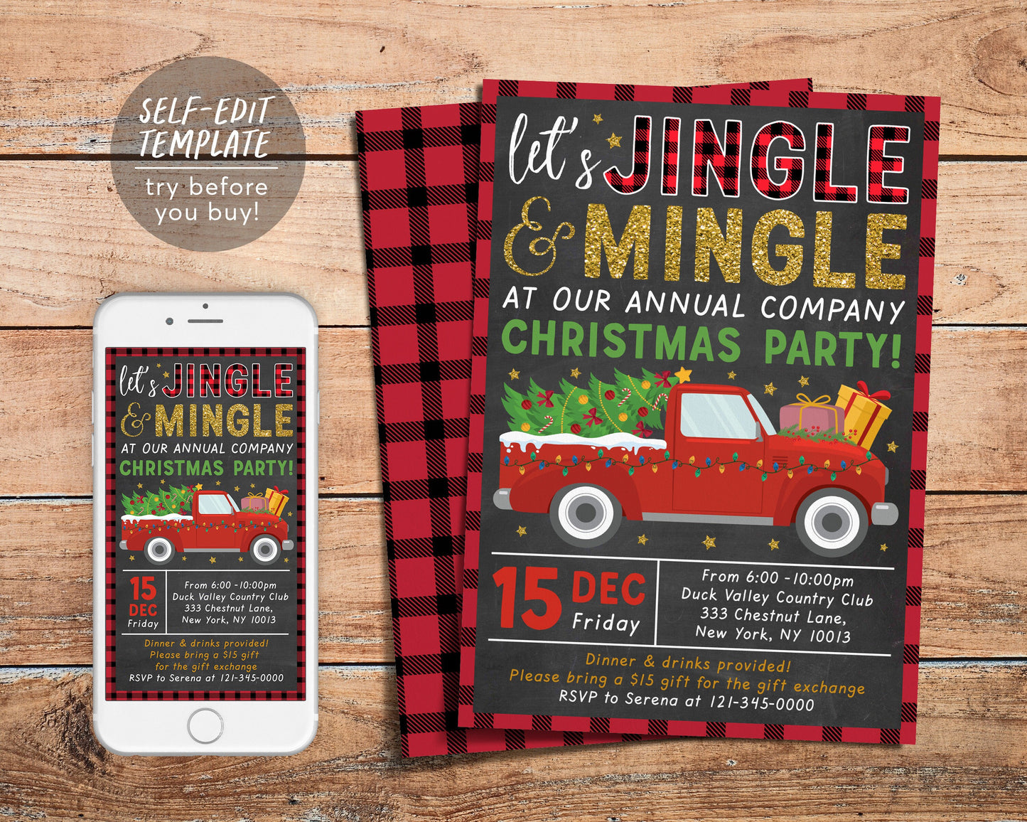 Jingle & Mingle Christmas Party Editable Template, Xmas Company Staff Holiday Party Invite, Buffalo Plaid Party, Rustic Chalkboard Evite