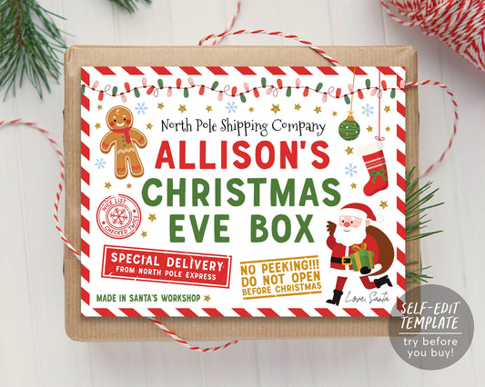 Christmas Eve Box Label Editable Template, Xmas Eve Crate Label Special North Pole Delivery, Santa Gift Tag Night Before Christmas Eve