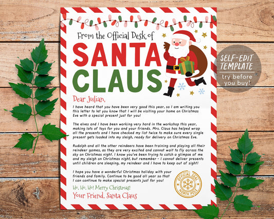 Letter from Santa Editable Template, Personalized DIY Official Letter Mailed From Santa Claus, Santa Mail Nice List, From The Desk Of Santa