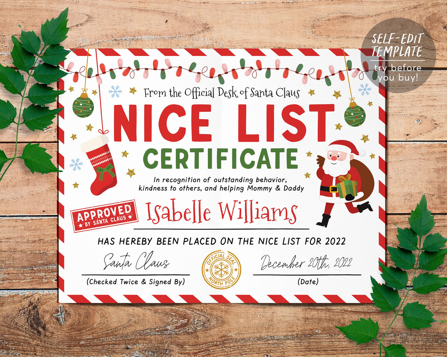 BUNDLE Approved Letter from Santa, Santa's Nice List Certificate Editable Template, Personalized Santa Letter Certificate Instant Download