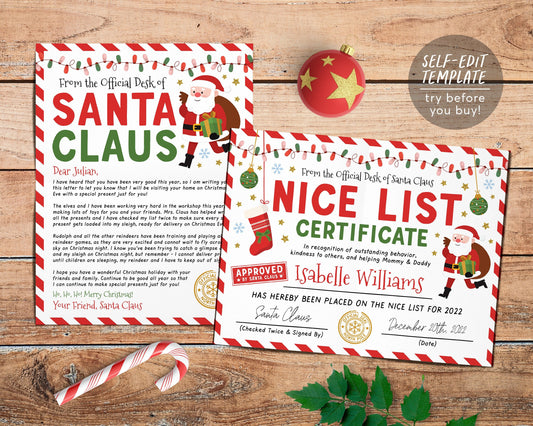 BUNDLE Approved Letter from Santa, Santa's Nice List Certificate Editable Template, Personalized Santa Letter Certificate Instant Download