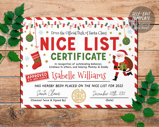 Santas Nice List Certificate Editable Template, Approved Letter from Santa, Personalized Santa Letter Certificate Printable Instant Download