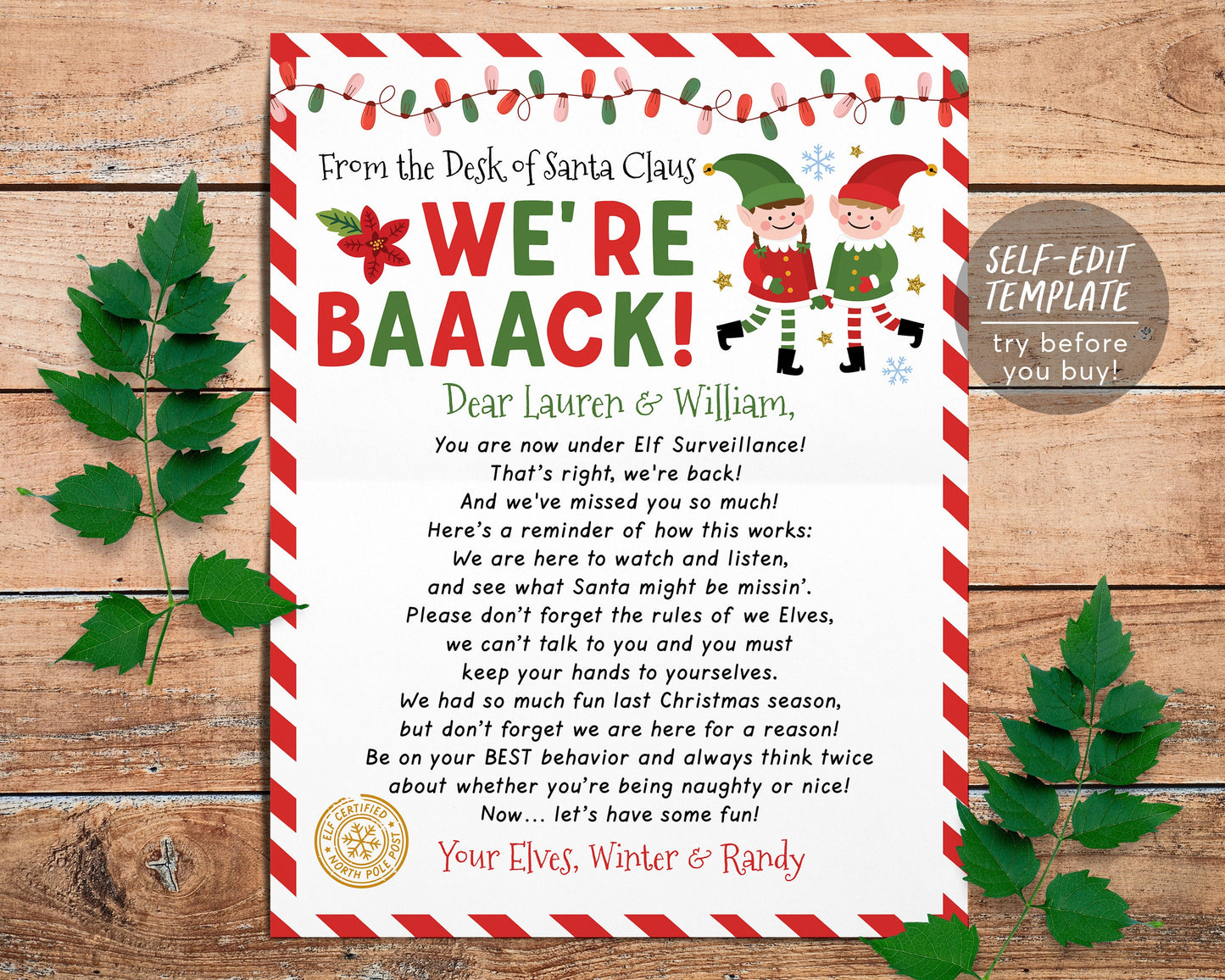 Hello Letter from Elves Editable Template, Christmas We're Back Elves Arrival Note, Elf Visiting Letter, Christmas  Welcome