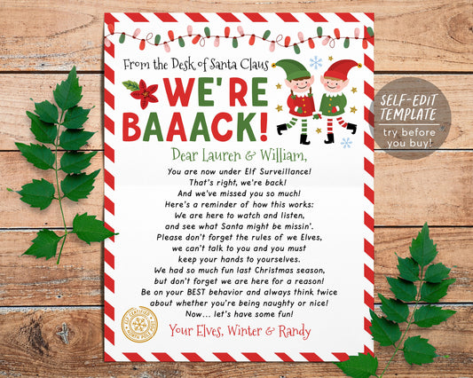Hello Letter from Elves Editable Template, Christmas We're Back Elves Arrival Note, Elf Visiting Letter, Christmas  Welcome