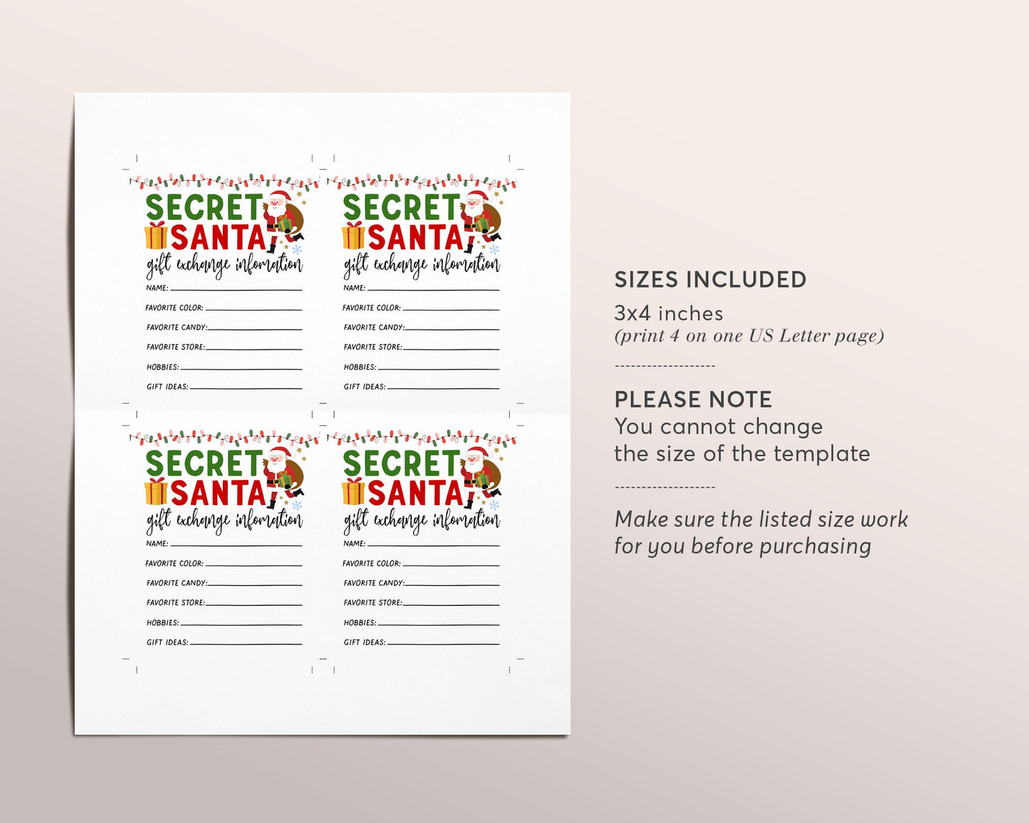 Secret Santa Gift Exchange Cards Editable Template, Holiday Christmas Exchange Forms Questionnaire Wish List, Work Office Secret Santa Games