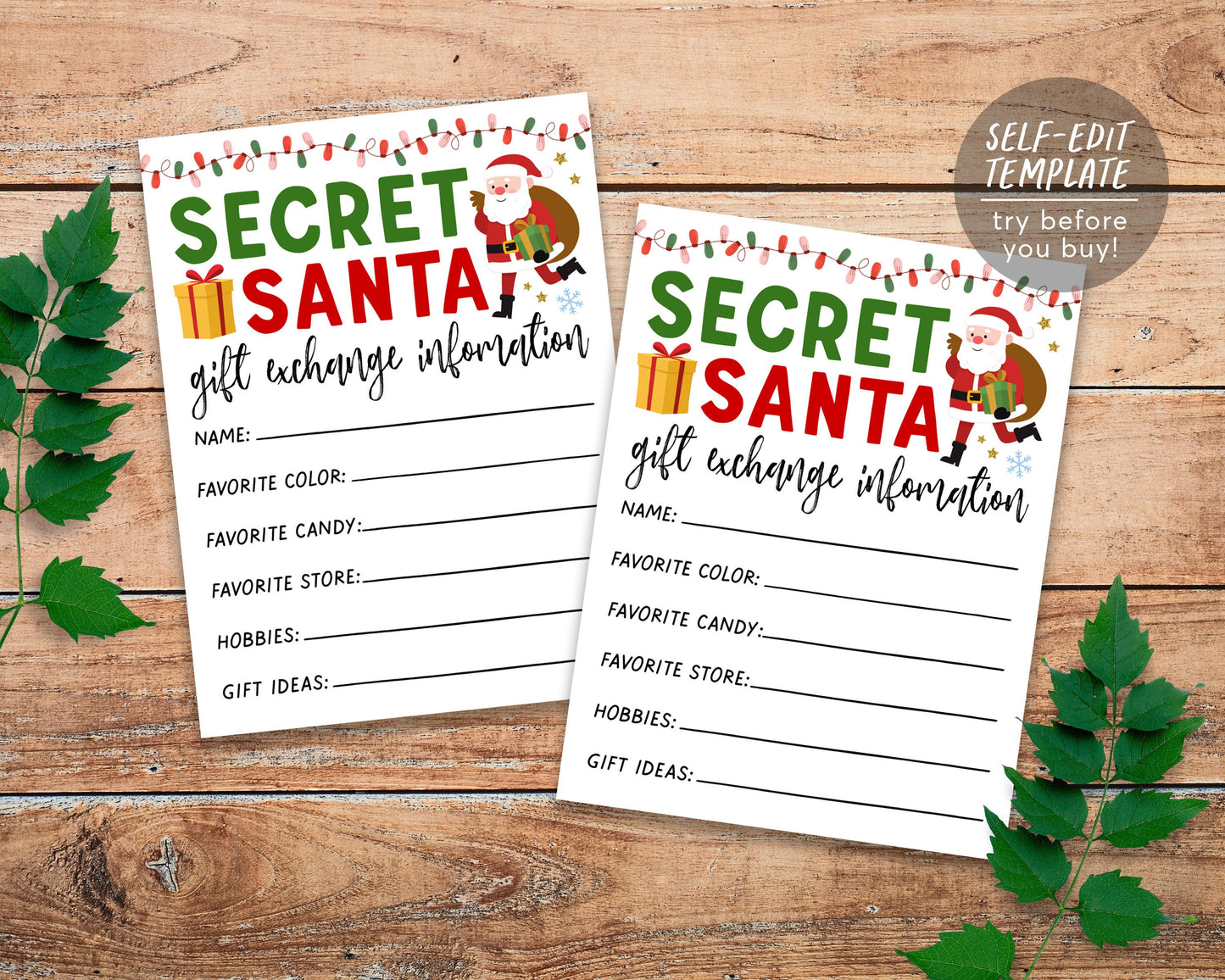 Secret Santa BUNDLE Kit Printable Editable Template, Secret Santa Invitation Evite Questionnaire Game Exchange Forms, Secret Santa Gift Tags