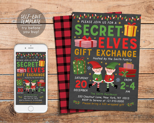 Secret Elves Gift Exchange Invitation Editable Template, Secret Elf Santa Holiday Christmas Xmas Gift Swap Party for Children Kids Adults