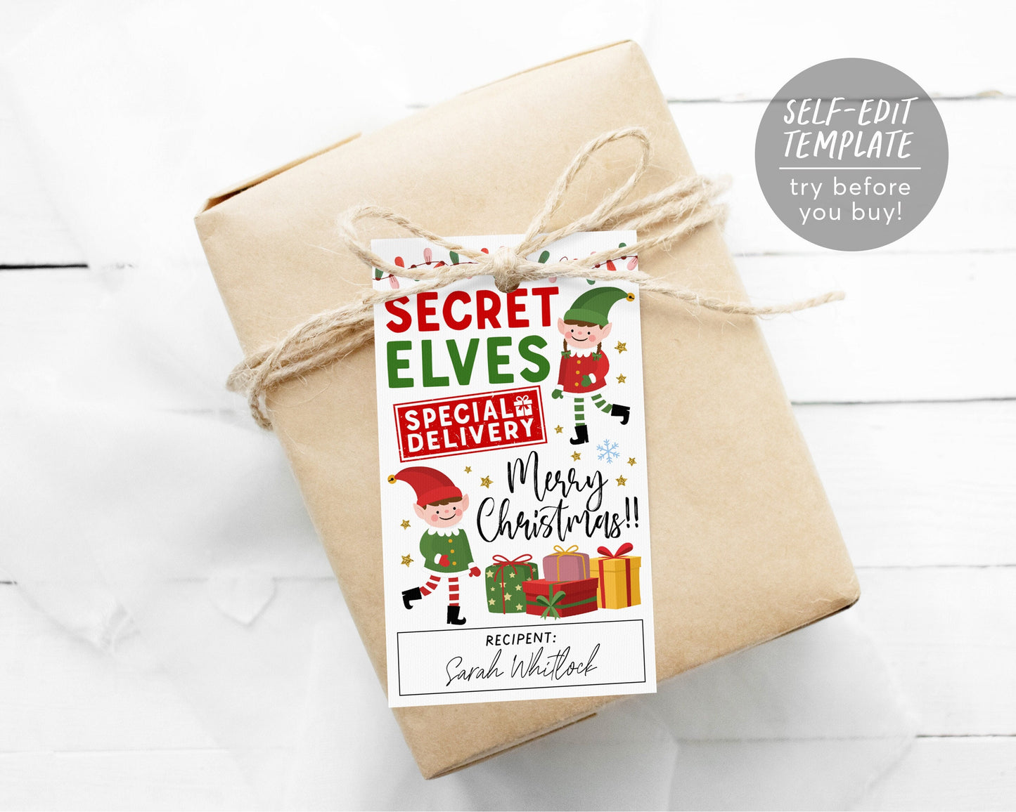 Secret Elves Gift Tags Editable Template, Secret Elf Santa Christmas Special Delivery Gift Exchange Printable Favor Tags, Holiday Party