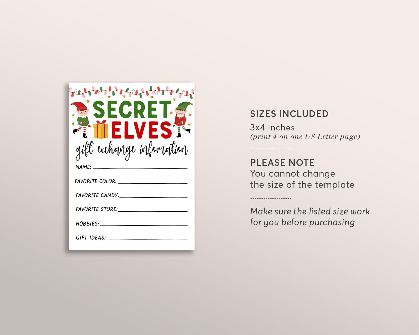 Secret Elves Gift Exchange Cards Editable Template, Secret Elf Santa Holiday Christmas Exchange Forms Questionnaire, Work Secret Santa Games