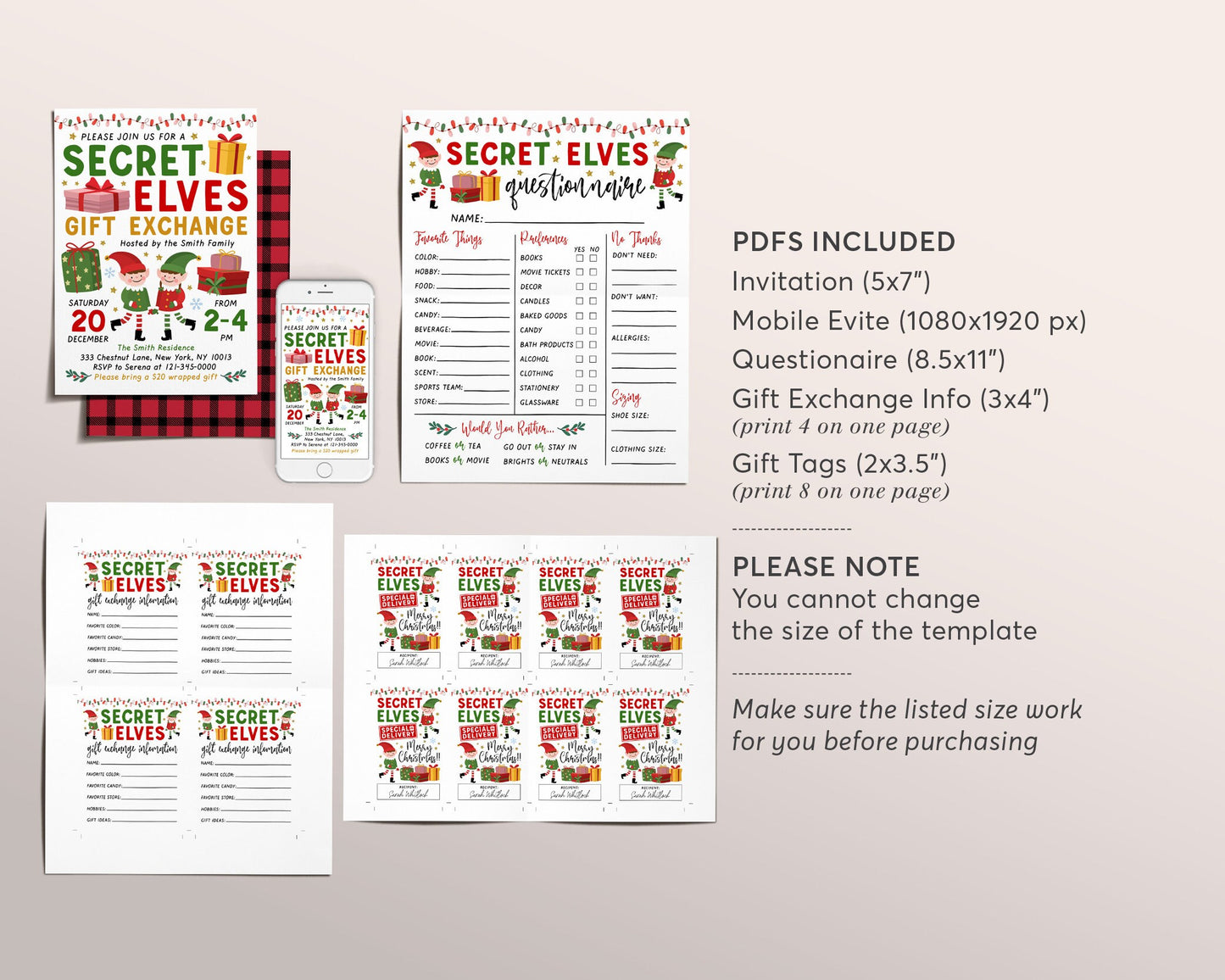 Secret Elves BUNDLE Kit Printable Editable Template, Secret Elf Santa Invitation Questionnaire Game Exchange Forms, Secret Santa Gift Tags