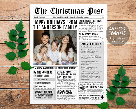 Christmas Family Newspaper Editable Template, Year In Review Newsletter Family Update Christmas Post, Holiday Xmas Letter With Photo