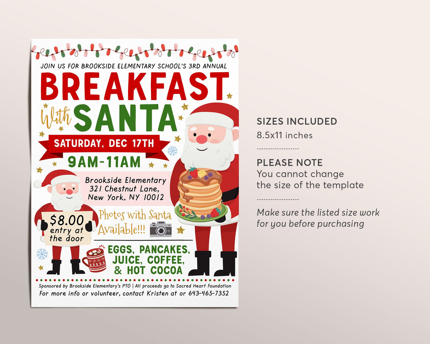 Breakfast with Santa Flyer Editable Template, Pancakes with Santa Invitation, Kids Christmas Party Holiday Invite, Church School PTO PTA