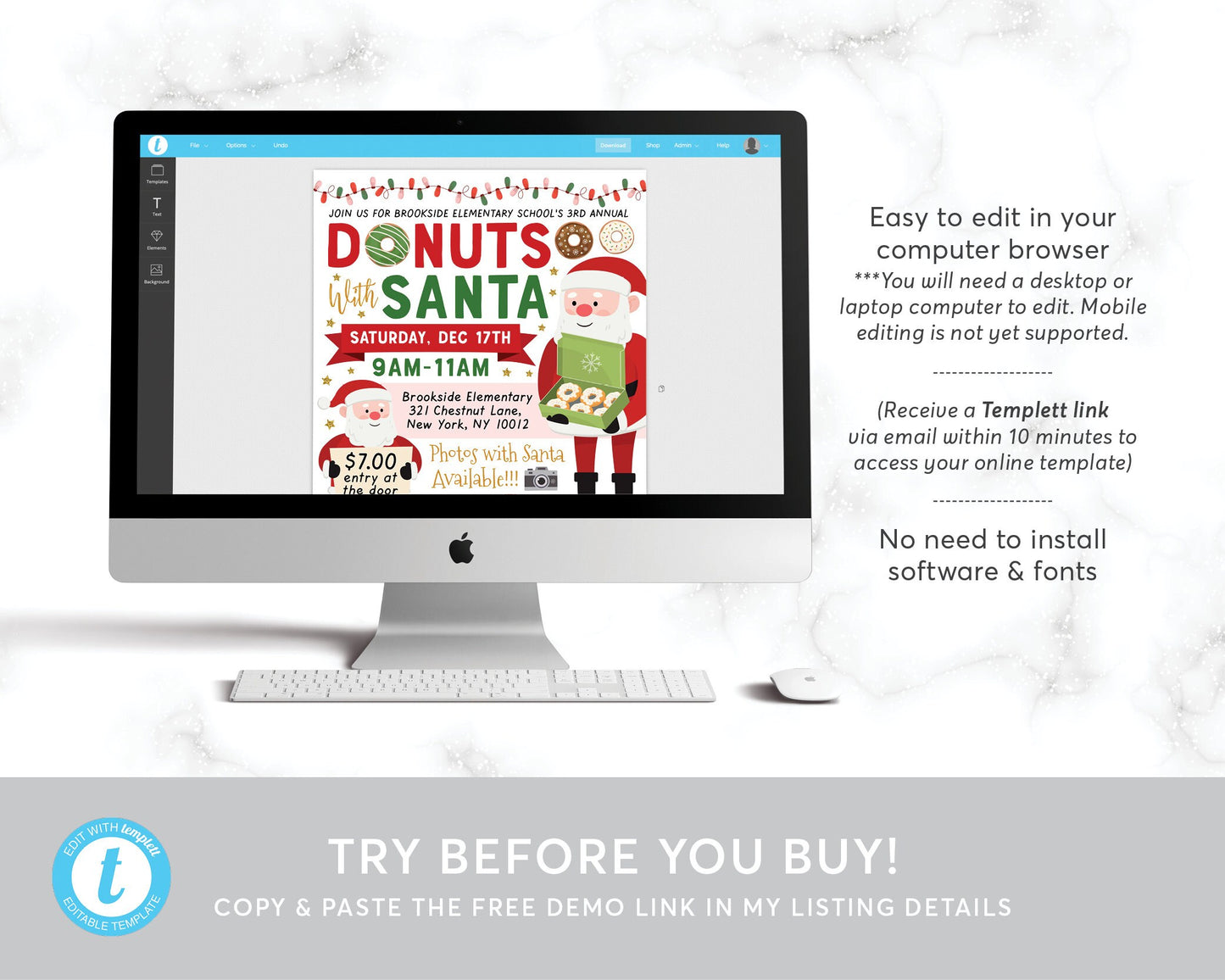 Donuts with Santa Flyer Editable Template, Breakfast with Santa Invitation, Kids Christmas Party Holiday Invite, Community School Fundraiser