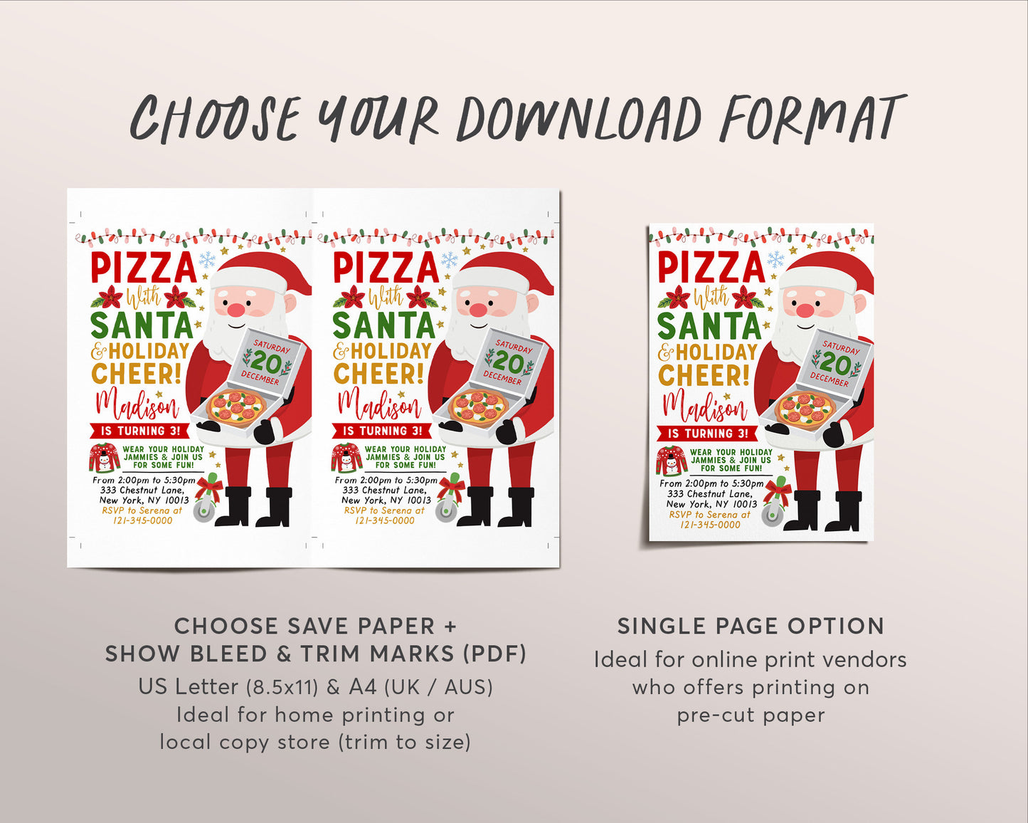 Pizza With Santa Invitation Editable Template, Pizza and Pajamas Christmas Party Invite Printable Evite, Holiday Kids Sleepover Party