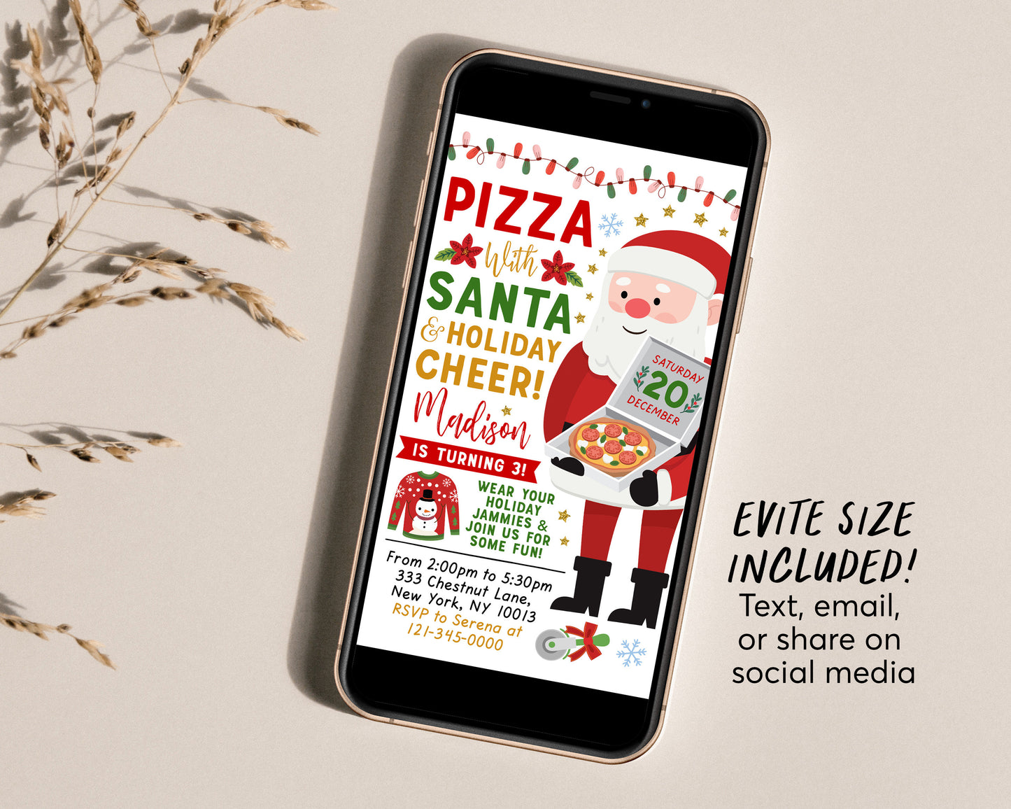 Pizza With Santa Invitation Editable Template, Pizza and Pajamas Christmas Party Invite Printable Evite, Holiday Kids Sleepover Party