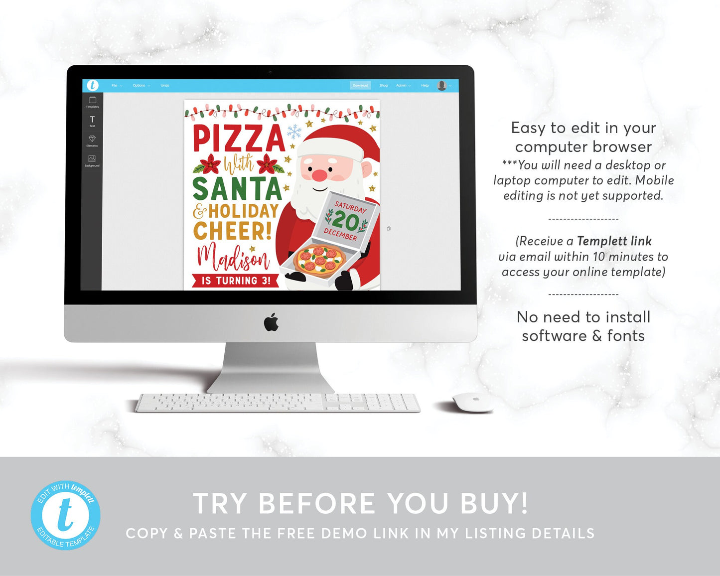 Pizza With Santa Invitation Editable Template, Pizza and Pajamas Christmas Party Invite Printable Evite, Holiday Kids Sleepover Party