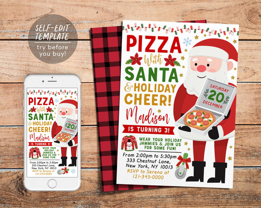 Pizza With Santa Invitation Editable Template, Pizza and Pajamas Christmas Party Invite Printable Evite, Holiday Kids Sleepover Party