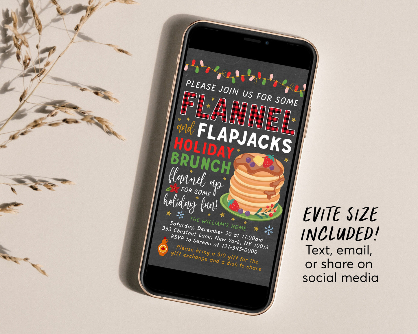 Flannel and Flapjacks Holiday Brunch Invitation Editable Template, Pancakes and Pajamas Christmas, Xmas Party Buffalo Plaid Holiday Invite