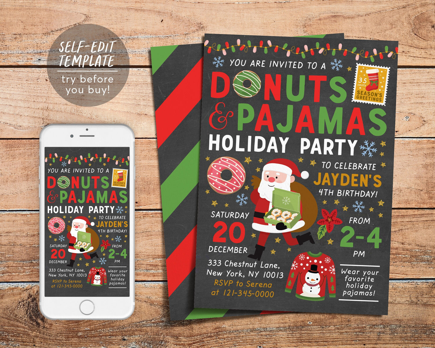 Donuts and Pajamas Party Invitation Editable Template, Holiday Brunch Birthday Party Invite, Kids PJs Sleepover Party Printable Santa