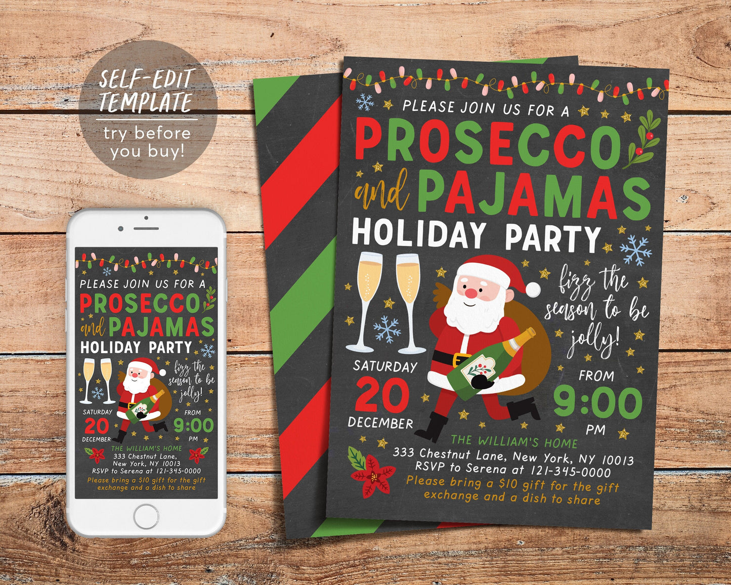 Pajamas And Prosecco Christmas Invitation Editable Template, PJs And Prosecco Holiday Cocktail Party Plaid Invite Evite, Instant Download