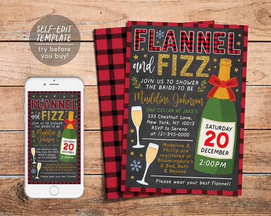Flannel and Fizz Bridal Shower Invitation Editable Template, Flannel and Prosecco Champagne Bachelorette Holiday Party Plaid Invite Evite