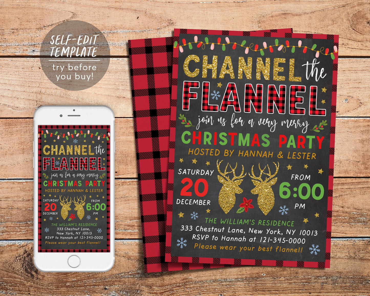 Channel the Flannel Christmas Party Invitation Editable Template, Buffalo Plaid Lumberjack Holiday Party Invite Flannel and Frost Chalkboard