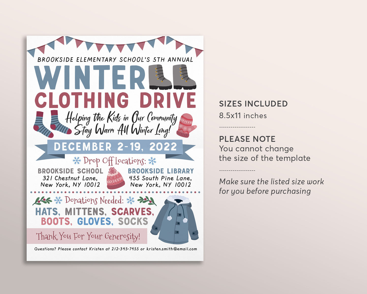 Winter Clothing Drive Flyer Editable Template, Charity Church Fundraiser Printable PTA PTO, Christmas Cold Coat Jacket Donations Flyer