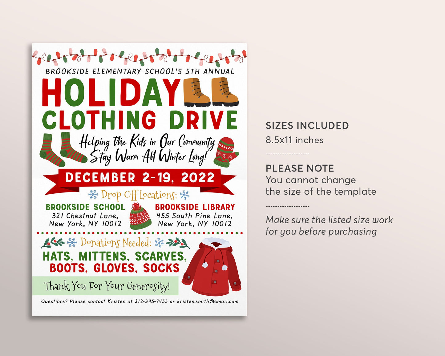 Holiday Clothing Drive Flyer Editable Template, Charity Church Fundraiser Printable PTA PTO, Christmas Cold Coat Jacket Donations Flyer
