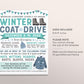 Winter Coat Drive Flyer Editable Template, Holiday Coat Drive Charity Church Fundraiser Printable PTA PTO, Christmas Coat And Warm Clothes